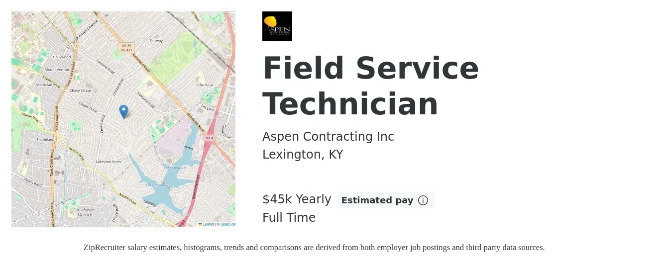 Aspen Contracting Inc job posting for a Field Service Technician in Lexington, KY with a salary of $45,000 Yearly with a map of Lexington location.