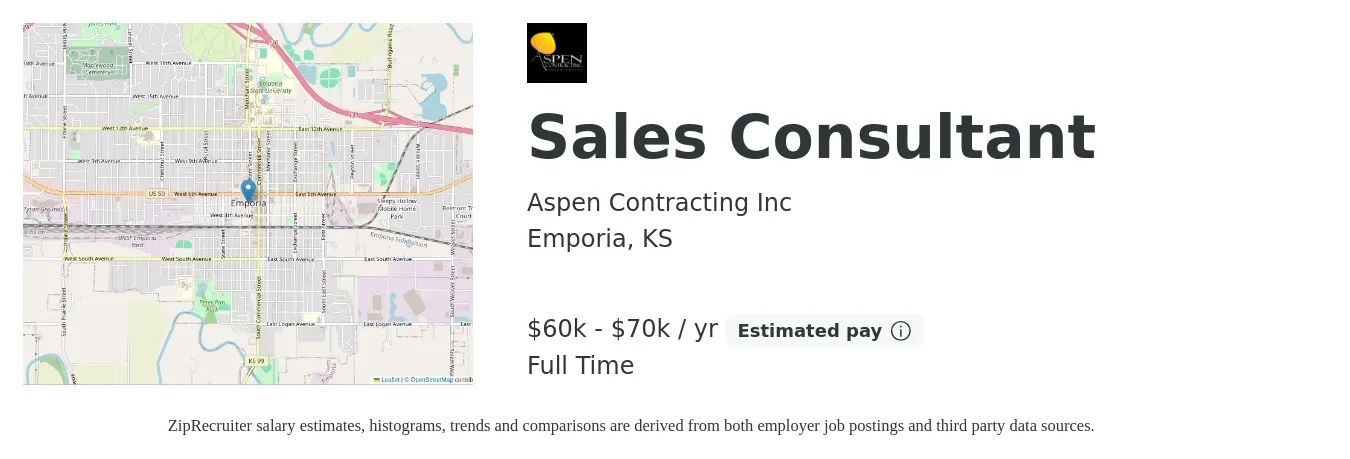 Aspen Contracting Inc job posting for a Sales Consultant in Emporia, KS with a salary of $60,000 to $70,000 Yearly with a map of Emporia location.