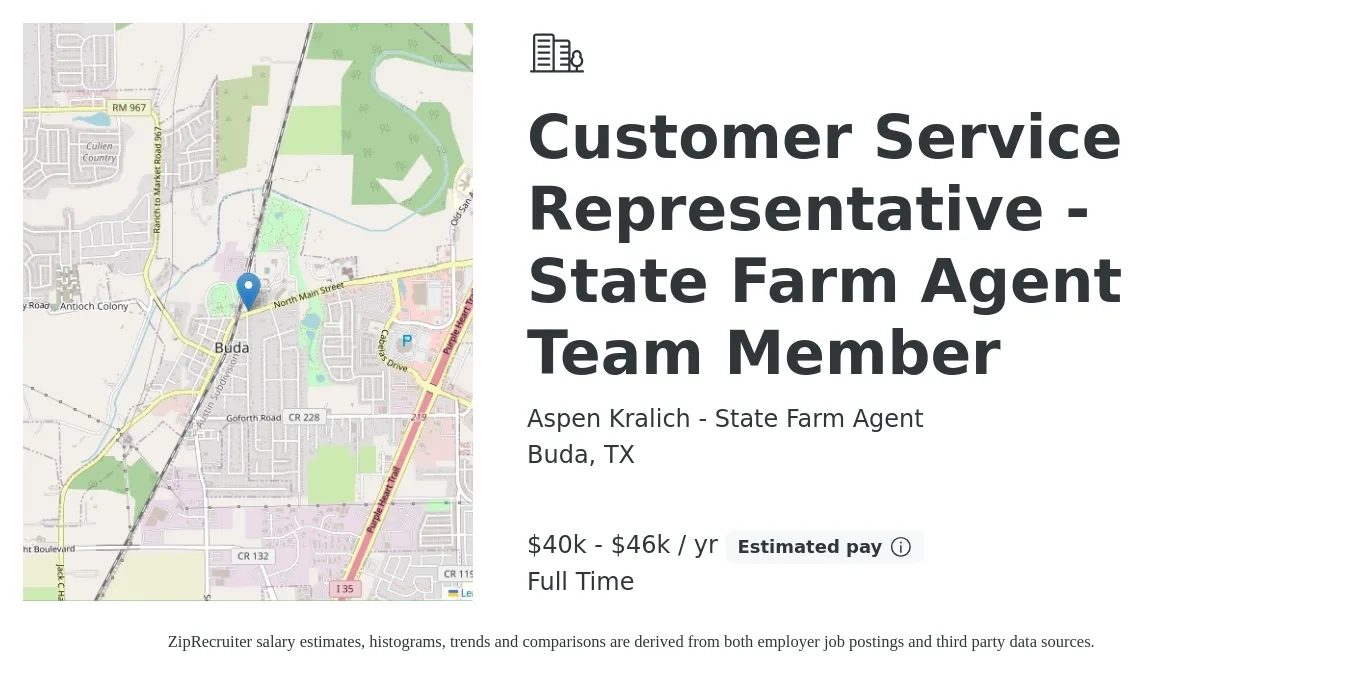 Aspen Kralich - State Farm Agent job posting for a Customer Service Representative - State Farm Agent Team Member in Buda, TX with a salary of $40,000 to $46,000 Yearly with a map of Buda location.