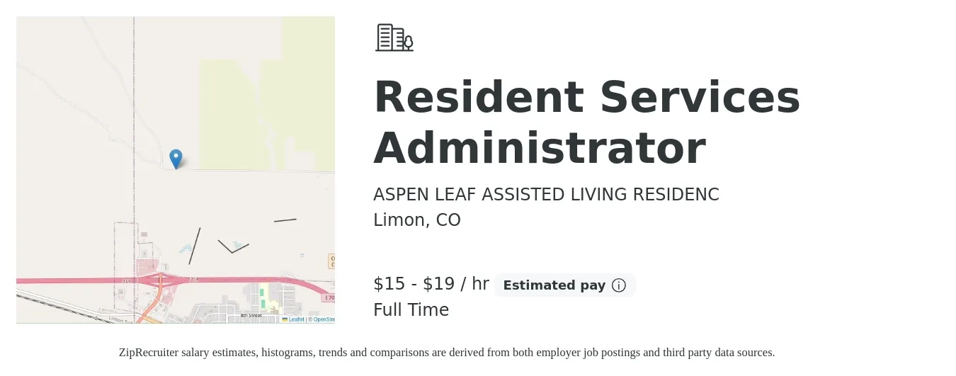 ASPEN LEAF ASSISTED LIVING RESIDENC job posting for a Resident Services Administrator in Limon, CO with a salary of $16 to $20 Hourly with a map of Limon location.