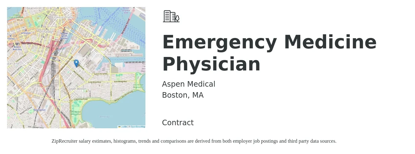 Aspen Medical job posting for a Emergency Medicine Physician in Boston, MA with a salary of $136 to $217 Hourly with a map of Boston location.