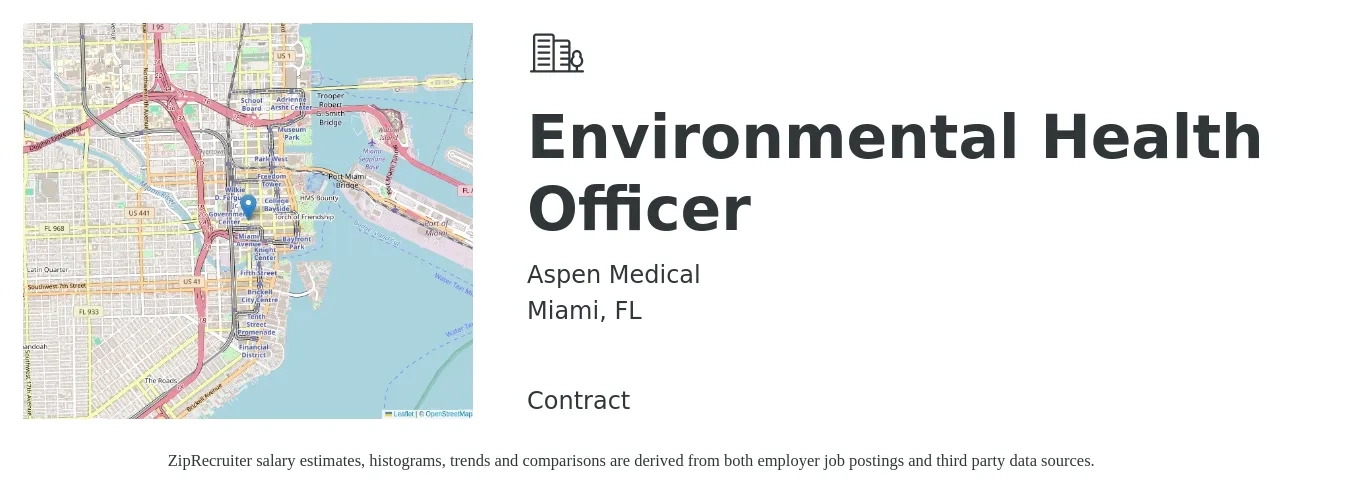 Aspen Medical job posting for a Environmental Health Officer in Miami, FL with a salary of $52,100 to $93,300 Yearly with a map of Miami location.