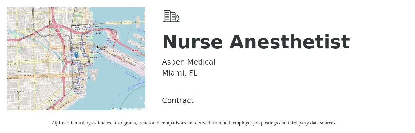 Aspen Medical job posting for a Nurse Anesthetist in Miami, FL with a salary of $88,000 to $162,100 Yearly with a map of Miami location.
