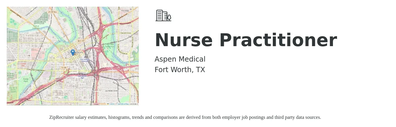 Aspen Medical job posting for a Nurse Practitioner in Fort Worth, TX with a salary of $103,500 to $143,800 Yearly with a map of Fort Worth location.