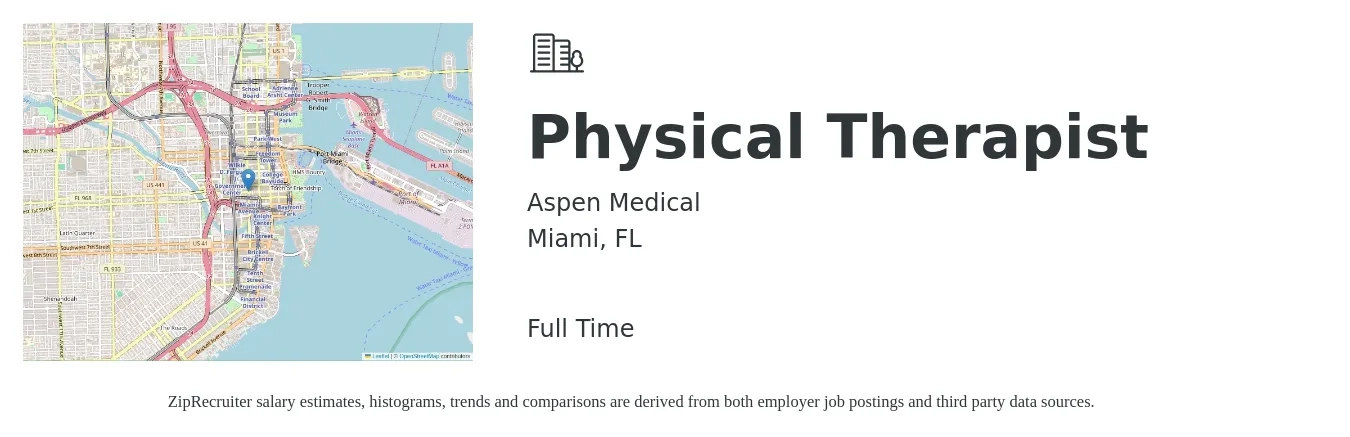Aspen Medical job posting for a Physical Therapist in Miami, FL with a salary of $1,590 to $2,060 Weekly with a map of Miami location.