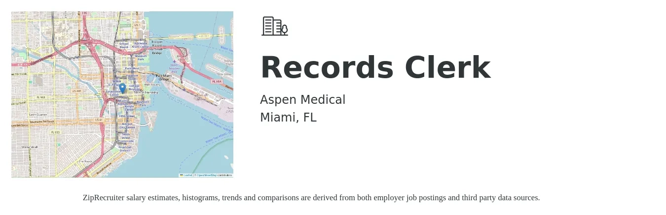 Aspen Medical job posting for a Records Clerk in Miami, FL with a salary of $16 to $21 Hourly with a map of Miami location.
