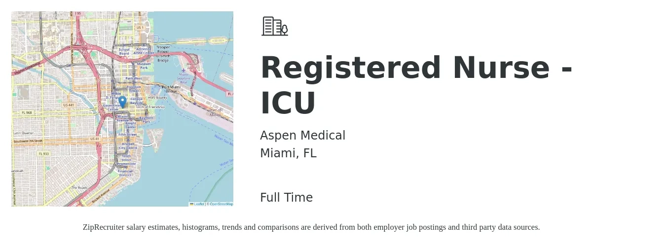 Aspen Medical job posting for a Registered Nurse - ICU in Miami, FL with a salary of $1,870 to $2,640 Weekly with a map of Miami location.