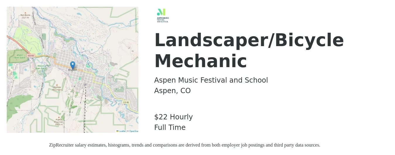 Aspen Music Festival and School job posting for a Landscaper/Bicycle Mechanic in Aspen, CO with a salary of $23 Hourly with a map of Aspen location.