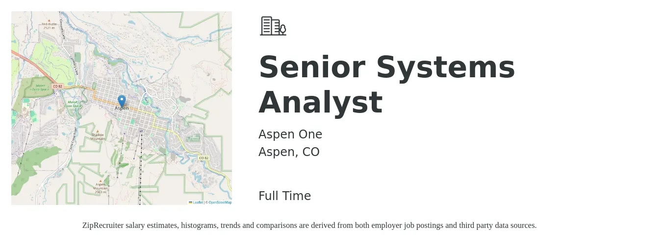 Aspen One job posting for a Senior Systems Analyst in Aspen, CO with a salary of $95,075 to $117,668 Yearly with a map of Aspen location.