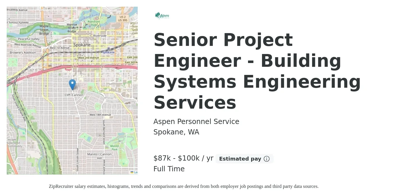 Aspen Personnel Service job posting for a Senior Project Engineer - Building Systems Engineering Services in Spokane, WA with a salary of $87,000 to $100,000 Yearly with a map of Spokane location.