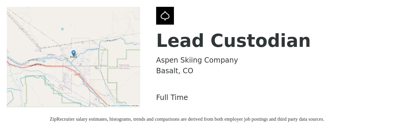 Aspen Skiing Company job posting for a Lead Custodian in Basalt, CO with a salary of $22 Hourly with a map of Basalt location.