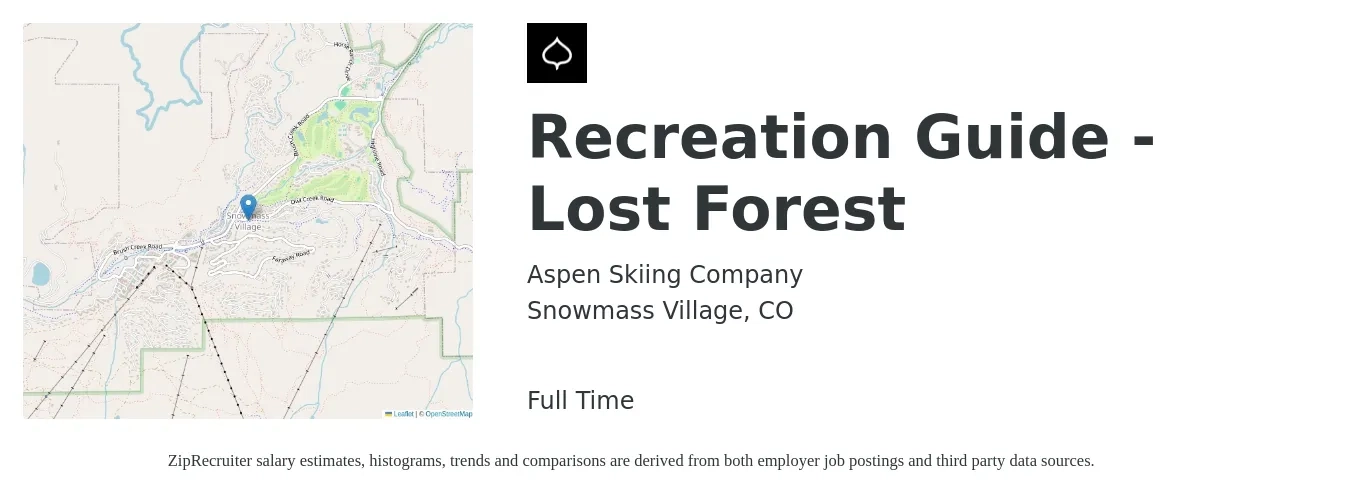Aspen Skiing Company job posting for a Recreation Guide - Lost Forest in Snowmass Village, CO with a salary of $18 to $20 Hourly with a map of Snowmass Village location.