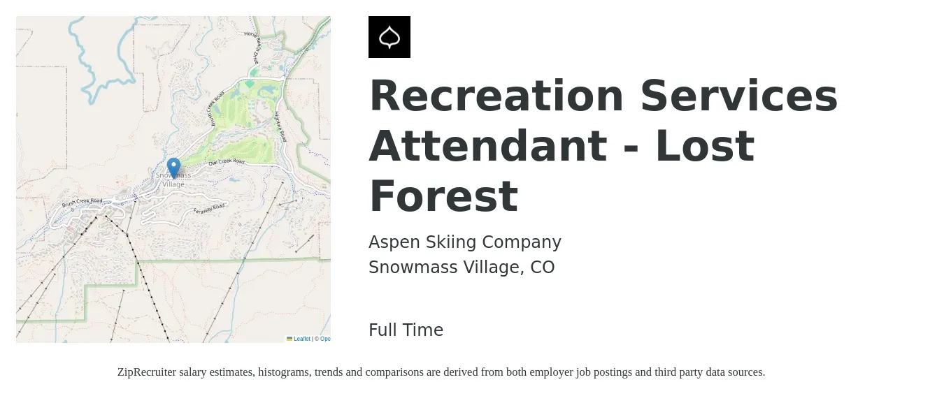 Aspen Skiing Company job posting for a Recreation Services Attendant - Lost Forest in Snowmass Village, CO with a salary of $18 to $20 Hourly with a map of Snowmass Village location.