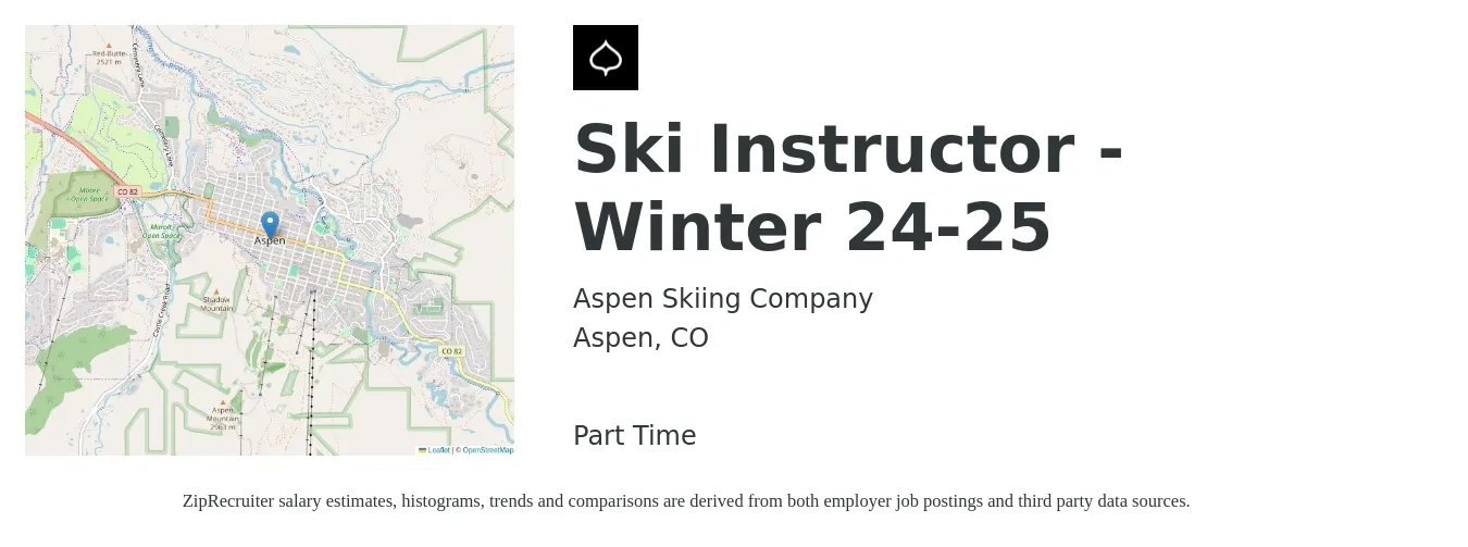 Aspen Skiing Company job posting for a Ski Instructor - Winter 24-25 in Aspen, CO with a salary of $29 to $56 Hourly with a map of Aspen location.