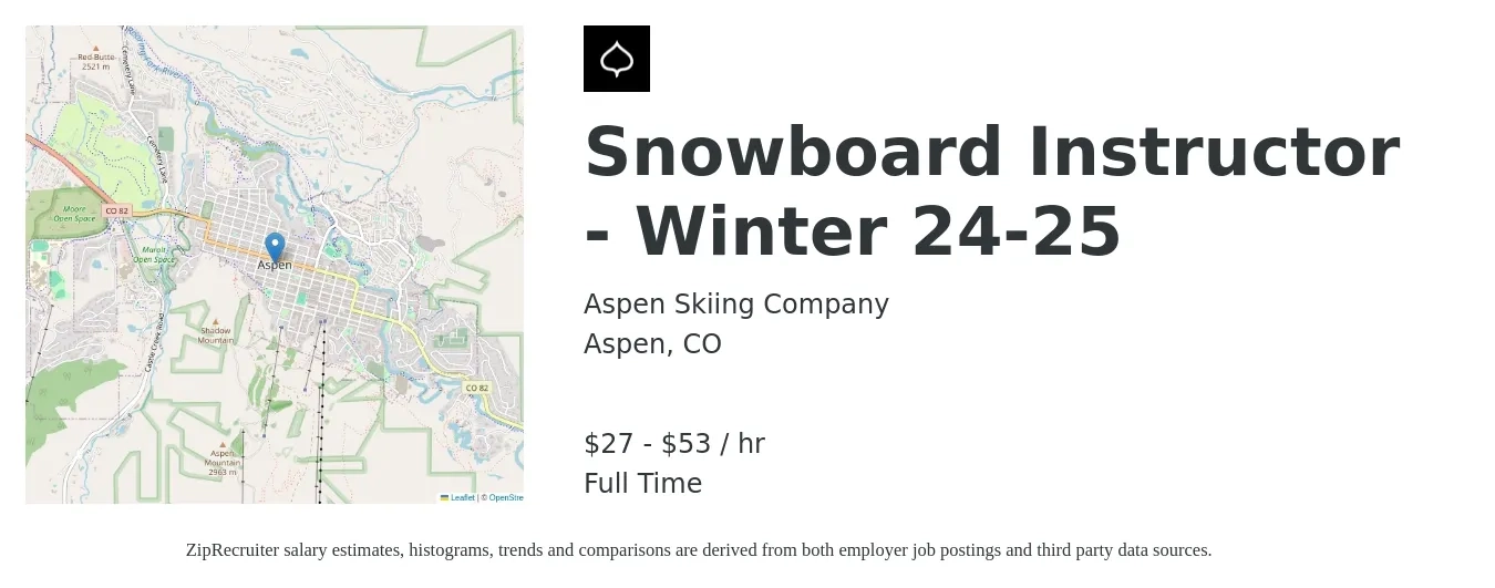 Aspen Skiing Company job posting for a Snowboard Instructor - Winter 24-25 in Aspen, CO with a salary of $29 to $56 Hourly with a map of Aspen location.