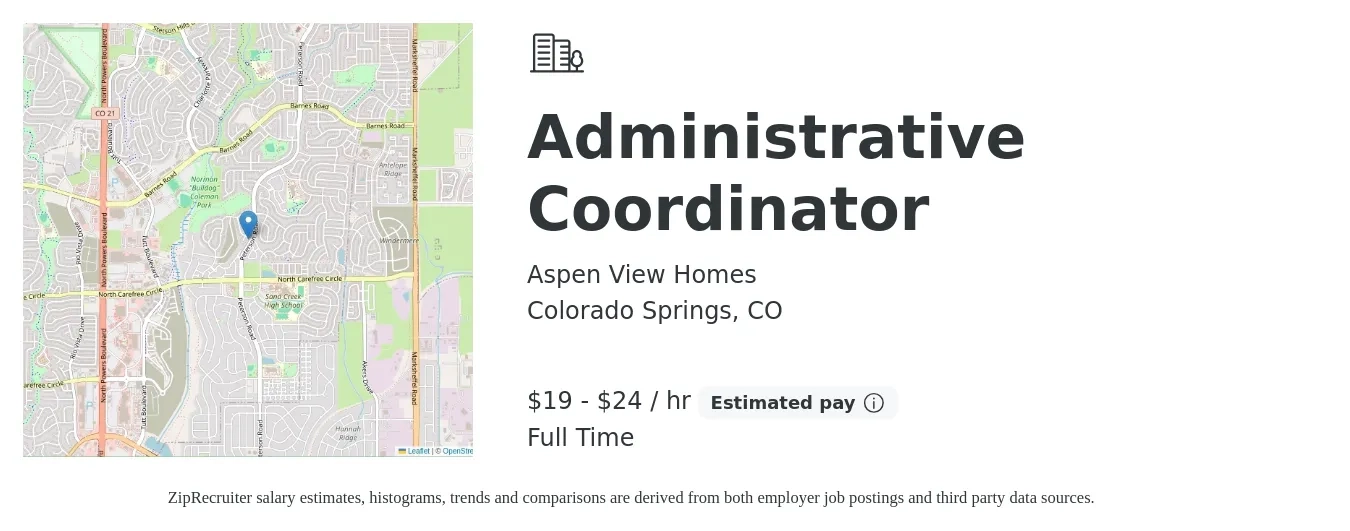 Aspen View Homes job posting for a Administrative Coordinator in Colorado Springs, CO with a salary of $21 to $25 Hourly with a map of Colorado Springs location.