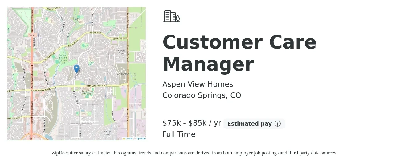 Aspen View Homes job posting for a Customer Care Manager in Colorado Springs, CO with a salary of $75,000 to $85,000 Yearly with a map of Colorado Springs location.
