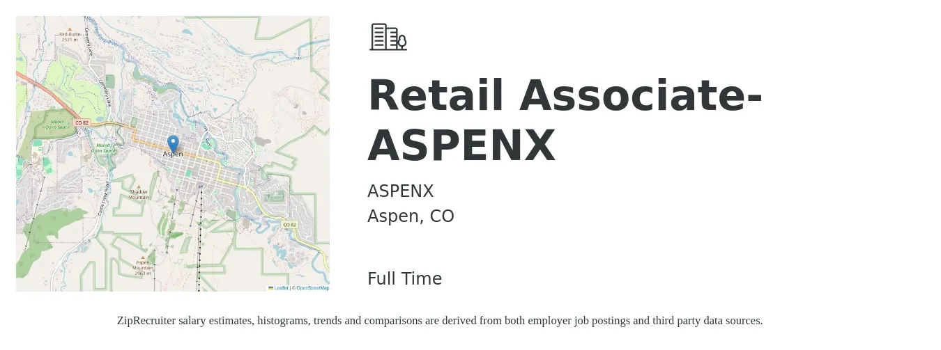 ASPENX job posting for a Retail Associate- ASPENX in Aspen, CO with a salary of $18 to $21 Hourly with a map of Aspen location.