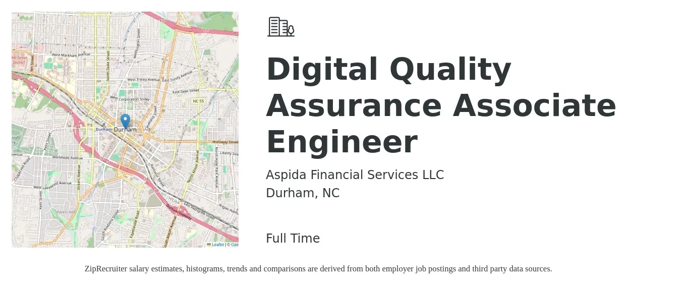 Aspida Financial Services LLC job posting for a Digital Quality Assurance Associate Engineer in Durham, NC with a salary of $19 to $34 Hourly with a map of Durham location.