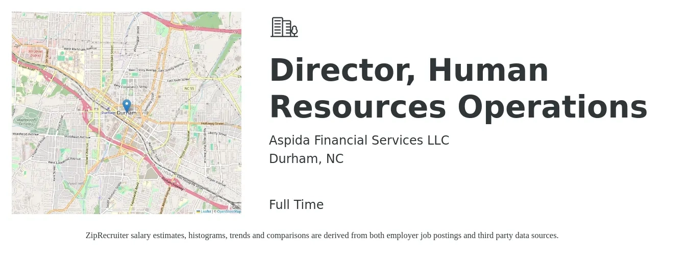 Aspida Financial Services LLC job posting for a Director, Human Resources Operations in Durham, NC with a salary of $74,900 to $128,500 Yearly with a map of Durham location.