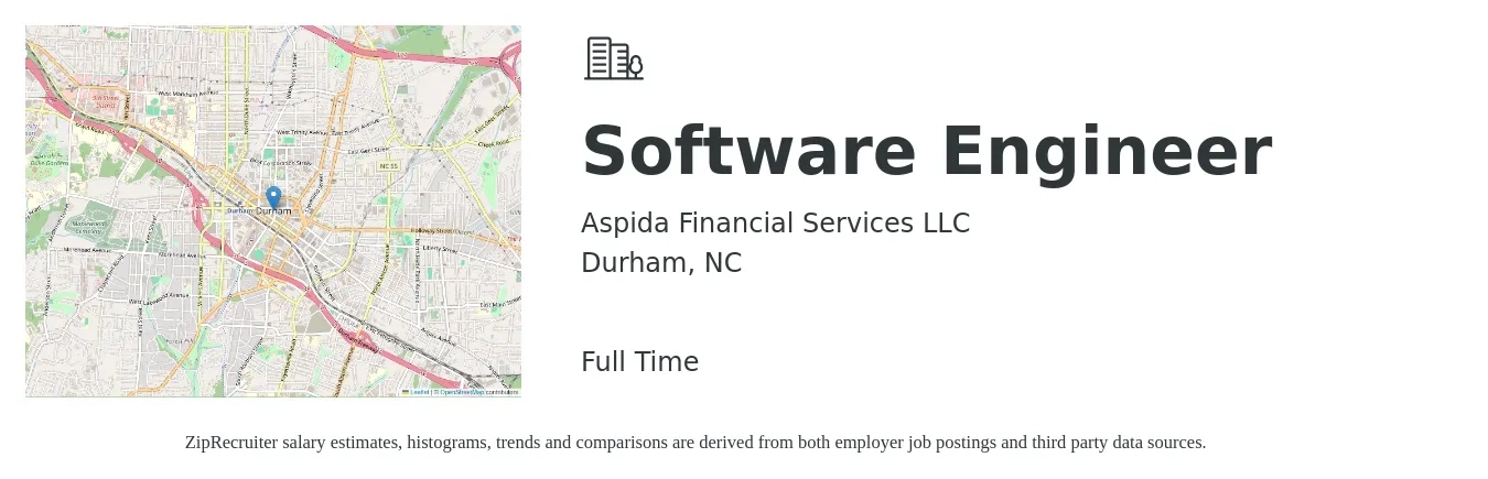 Aspida Financial Services LLC job posting for a Software Engineer in Durham, NC with a salary of $116,000 to $167,200 Yearly with a map of Durham location.