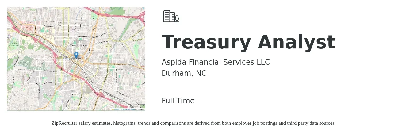 Aspida Financial Services LLC job posting for a Treasury Analyst in Durham, NC with a salary of $57,500 to $89,900 Yearly with a map of Durham location.