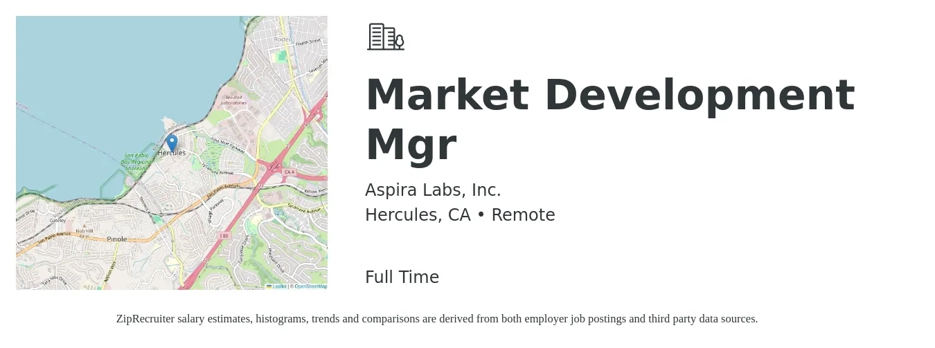 Aspira Labs, Inc. job posting for a Market Development Mgr in Hercules, CA with a salary of $82,800 to $123,100 Yearly with a map of Hercules location.