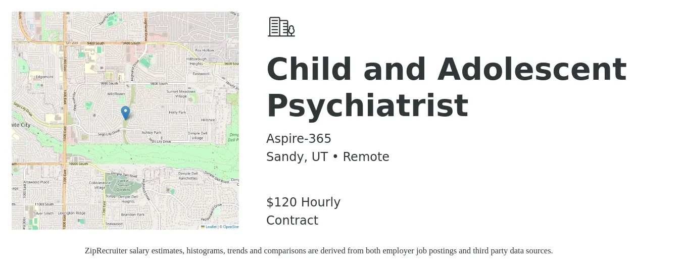 Aspire-365 job posting for a Child and Adolescent Psychiatrist in Sandy, UT with a salary of $125 Hourly with a map of Sandy location.