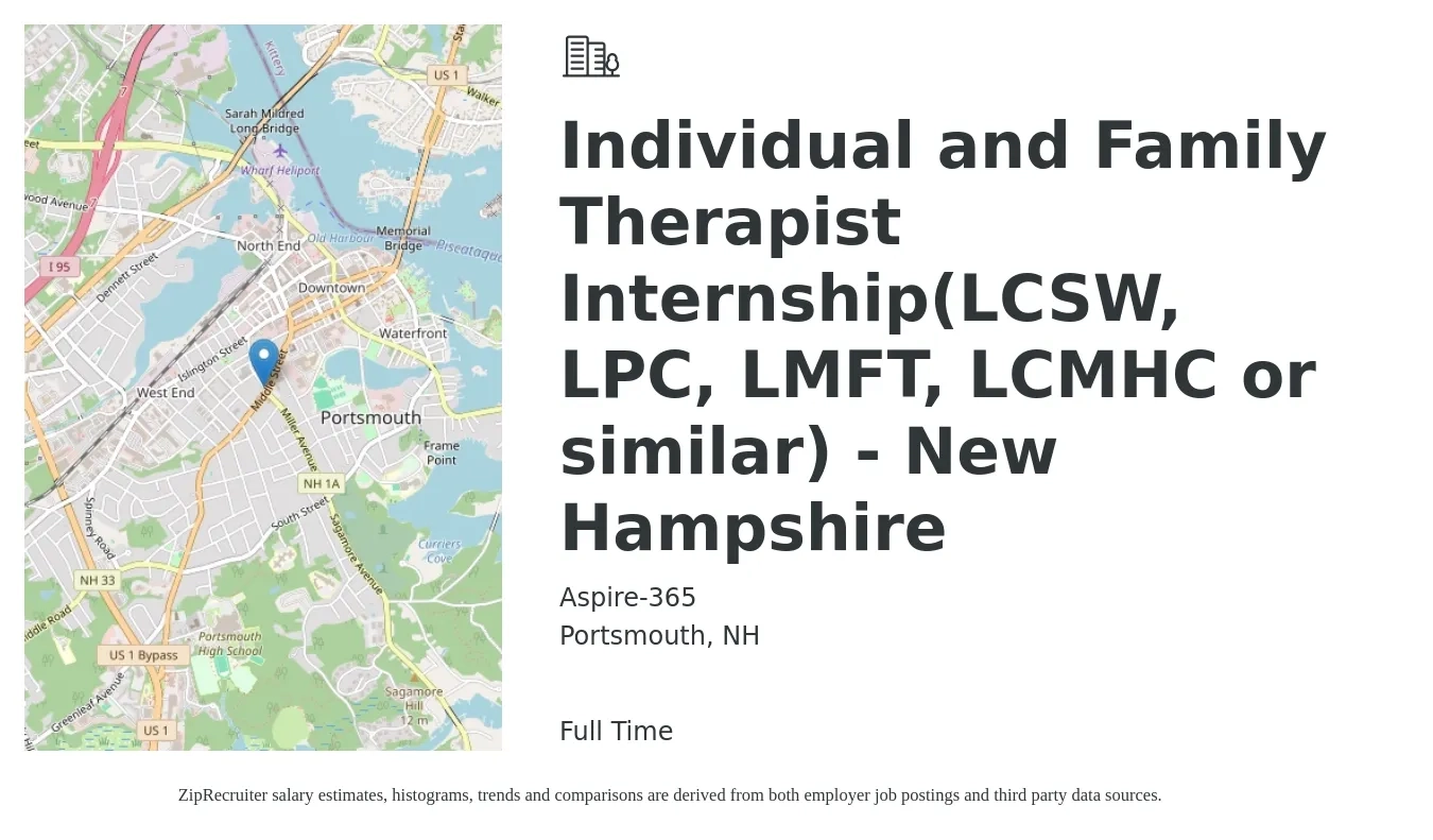 Aspire-365 job posting for a Individual and Family Therapist Internship(LCSW, LPC, LMFT, LCMHC or similar) - New Hampshire in Portsmouth, NH with a salary of $61,100 to $86,600 Yearly with a map of Portsmouth location.