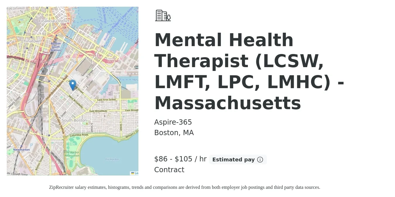 Aspire-365 job posting for a Mental Health Therapist (LCSW, LMFT, LPC, LMHC) - Massachusetts in Boston, MA with a salary of $90 to $110 Hourly with a map of Boston location.