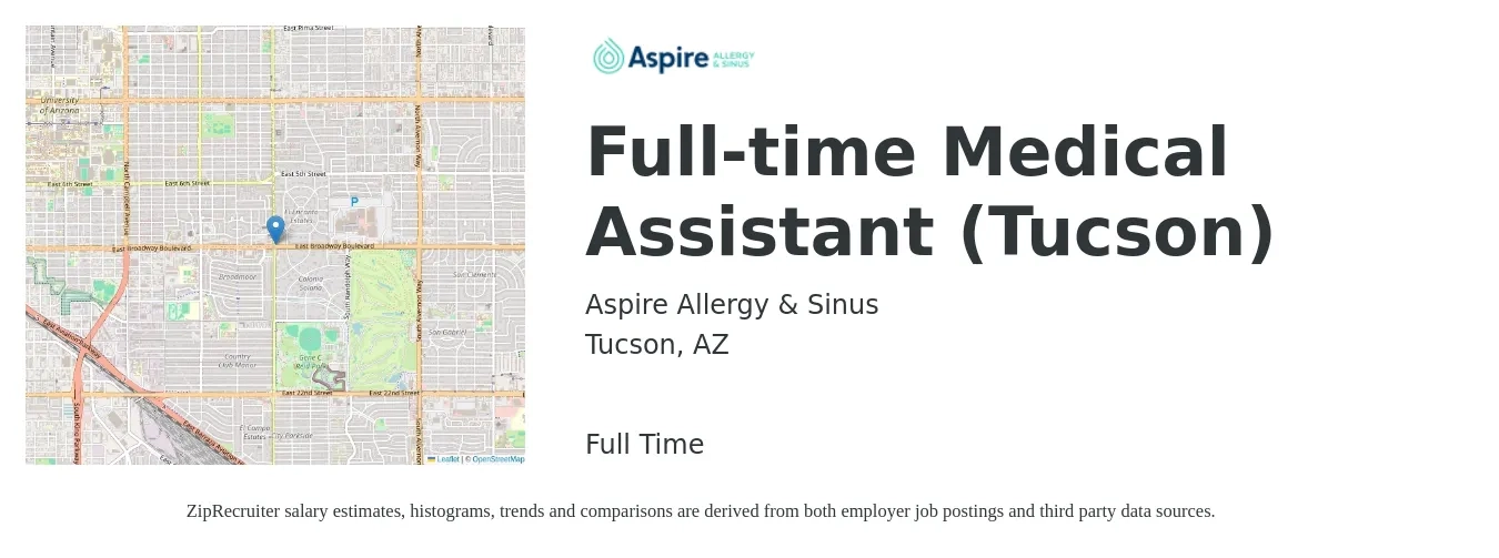 Aspire Allergy & Sinus job posting for a Full-time Medical Assistant (Tucson) in Tucson, AZ with a salary of $17 to $22 Hourly with a map of Tucson location.