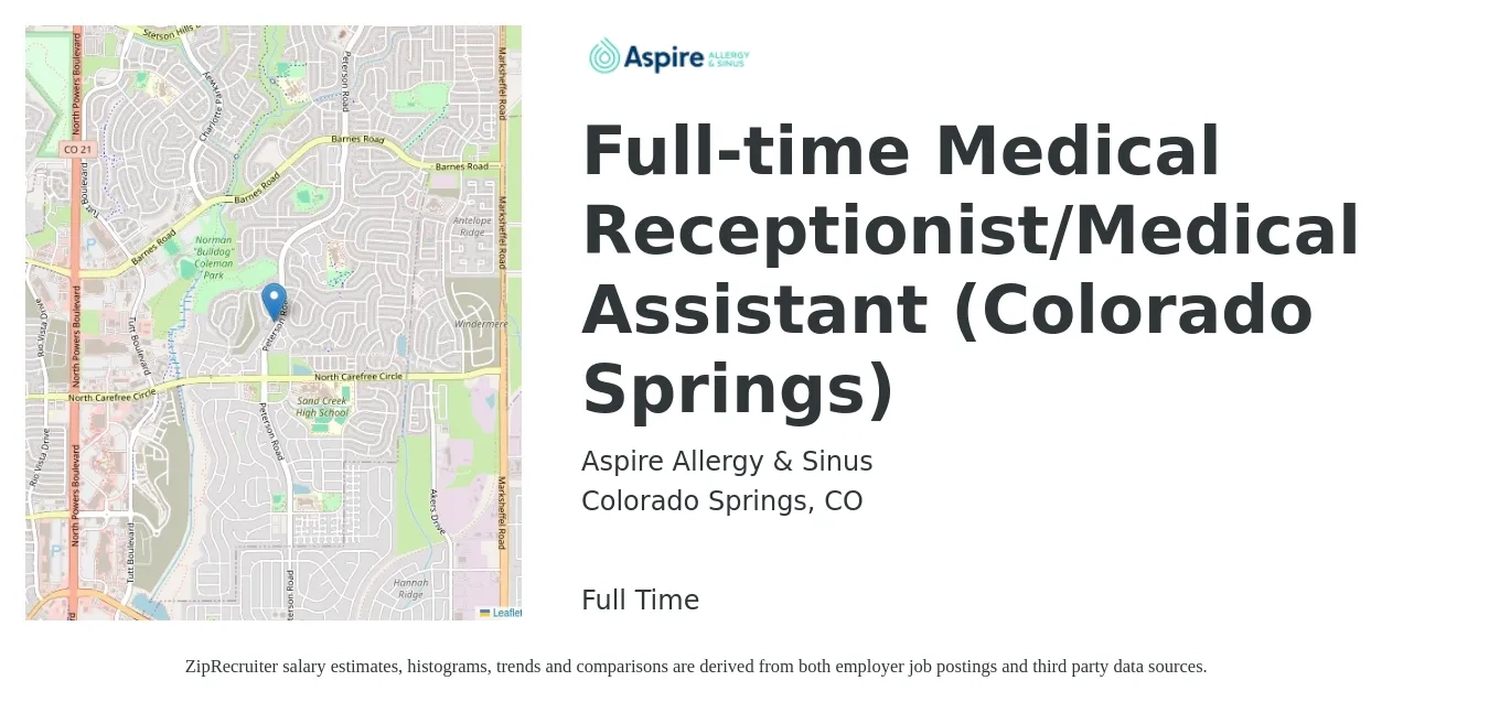 Aspire Allergy & Sinus job posting for a Full-time Medical Receptionist/Medical Assistant (Colorado Springs) in Colorado Springs, CO with a salary of $16 to $20 Hourly with a map of Colorado Springs location.