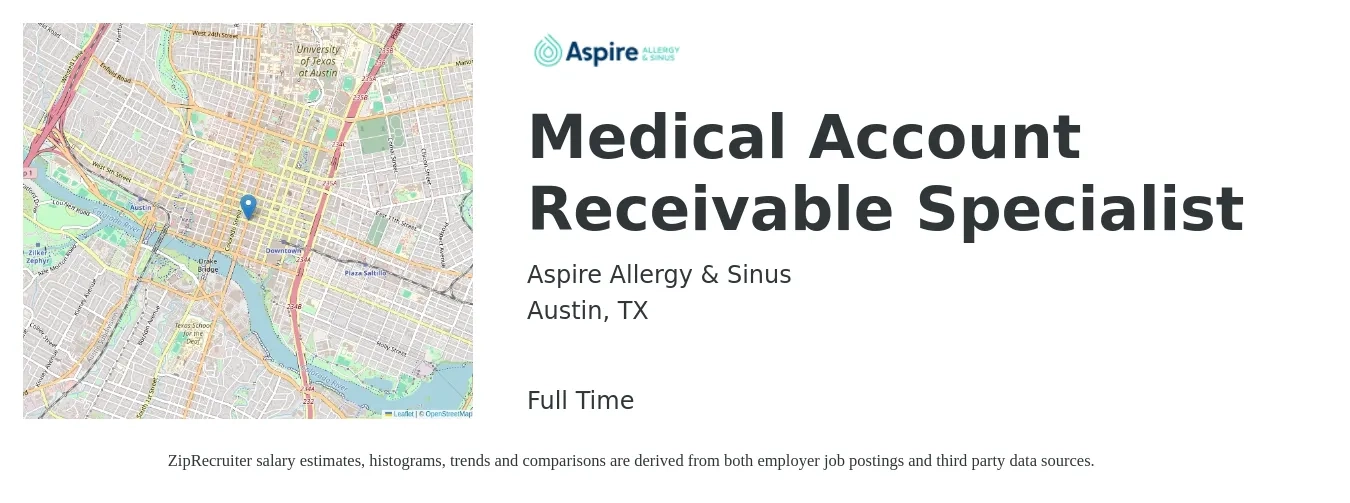 Aspire Allergy & Sinus job posting for a Medical Account Receivable Specialist in Austin, TX with a salary of $18 to $23 Hourly with a map of Austin location.