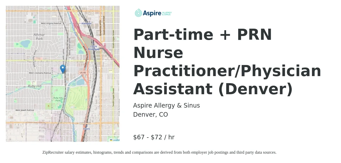 Aspire Allergy & Sinus job posting for a Part-time + PRN Nurse Practitioner/Physician Assistant (Denver) in Denver, CO with a salary of $70 to $75 Hourly with a map of Denver location.