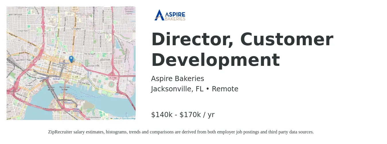Aspire Bakeries job posting for a Director, Customer Development in Jacksonville, FL with a salary of $140,000 to $170,000 Yearly with a map of Jacksonville location.