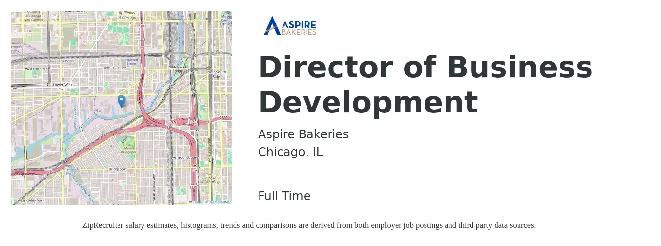 Aspire Bakeries job posting for a Director of Business Development in Chicago, IL with a salary of $96,400 to $156,200 Yearly with a map of Chicago location.