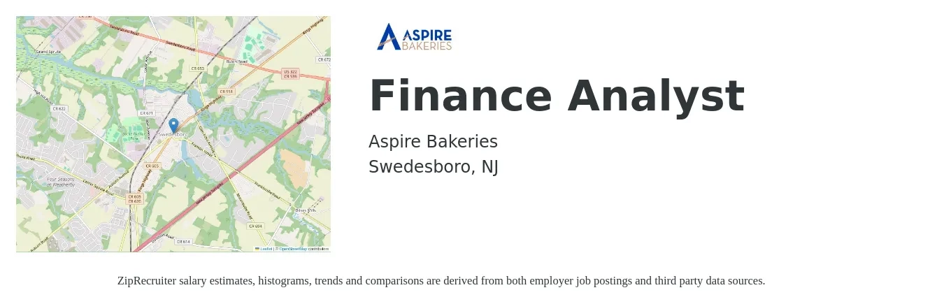 Aspire Bakeries job posting for a Finance Analyst in Swedesboro, NJ with a salary of $69,100 to $109,100 Yearly with a map of Swedesboro location.