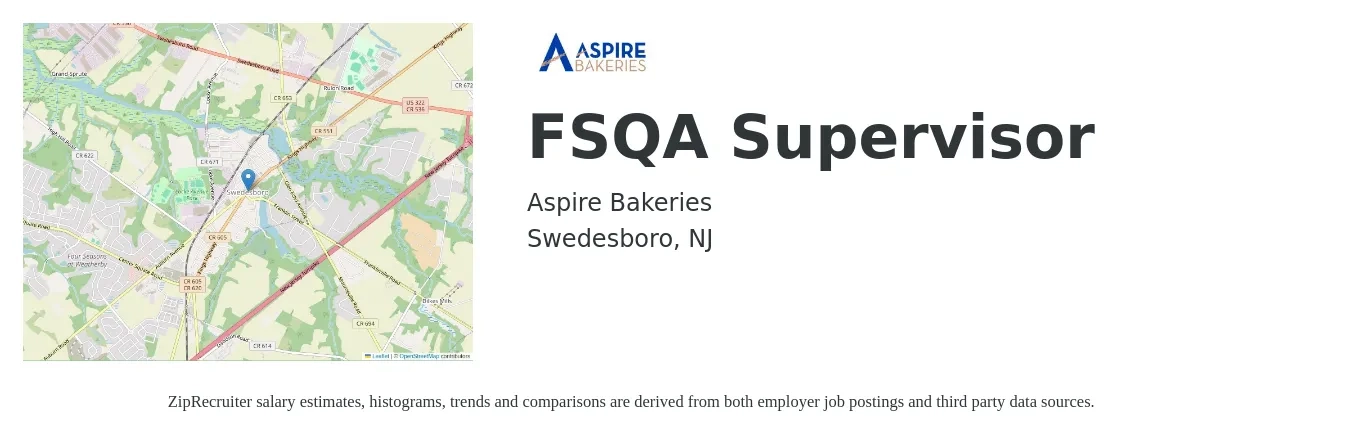 Aspire Bakeries job posting for a FSQA Supervisor in Swedesboro, NJ with a salary of $81,900 to $142,600 Yearly with a map of Swedesboro location.