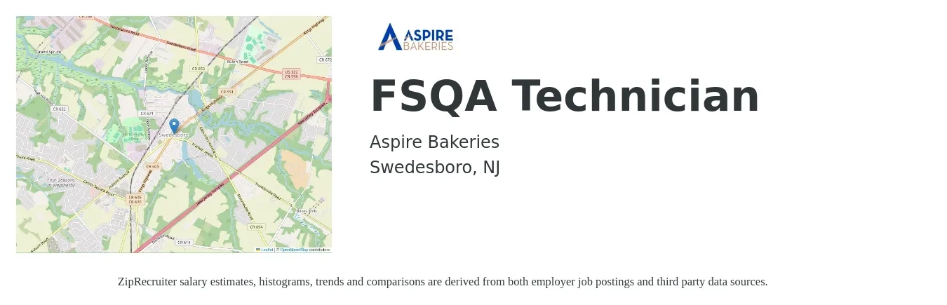 Aspire Bakeries job posting for a FSQA Technician in Swedesboro, NJ with a salary of $18 to $24 Hourly with a map of Swedesboro location.