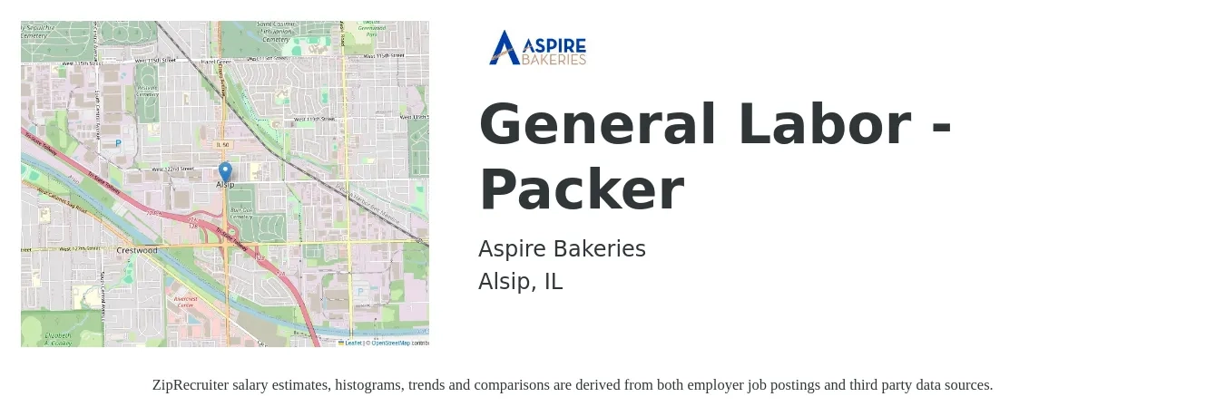 Aspire Bakeries job posting for a General Labor - Packer in Alsip, IL with a salary of $16 to $20 Hourly with a map of Alsip location.