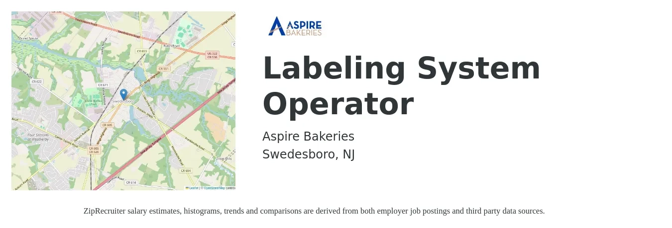 Aspire Bakeries job posting for a Labeling System Operator in Swedesboro, NJ with a salary of $20 to $39 Hourly with a map of Swedesboro location.
