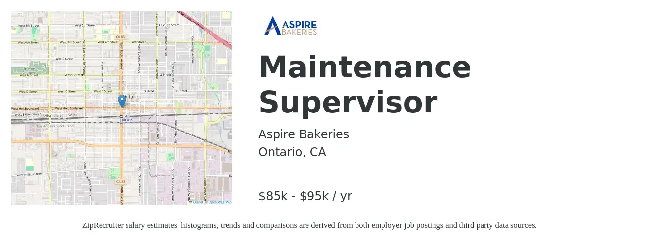 Aspire Bakeries job posting for a Maintenance Supervisor in Ontario, CA with a salary of $85,000 to $95,000 Yearly with a map of Ontario location.