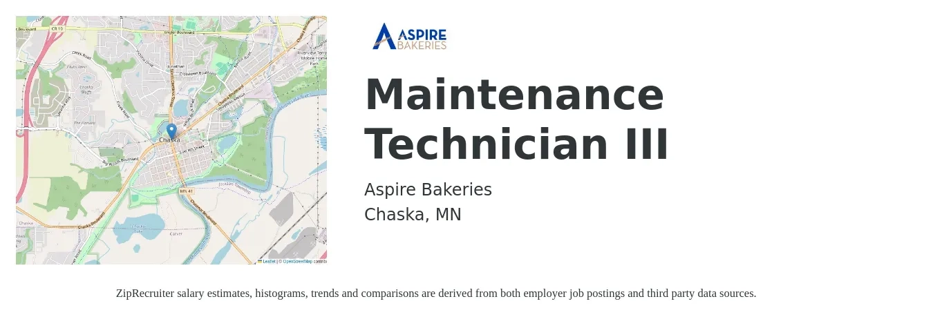 Aspire Bakeries job posting for a Maintenance Technician III in Chaska, MN with a map of Chaska location.