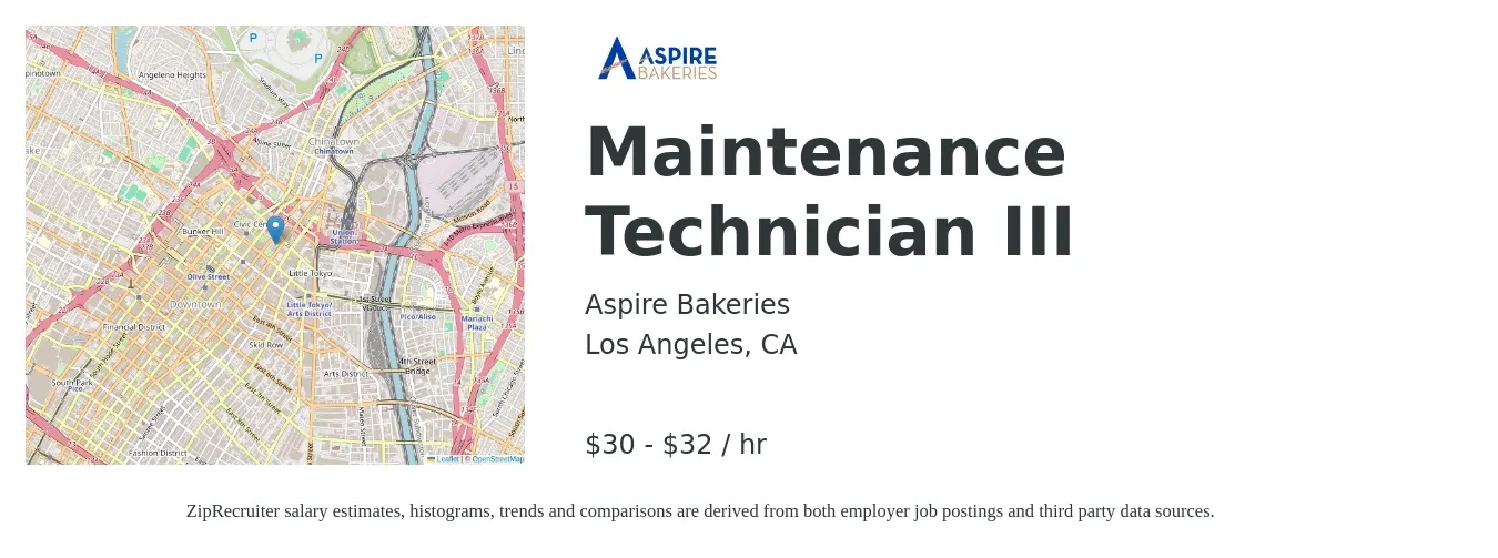 Aspire Bakeries job posting for a Maintenance Technician III in Los Angeles, CA with a salary of $32 to $34 Hourly with a map of Los Angeles location.