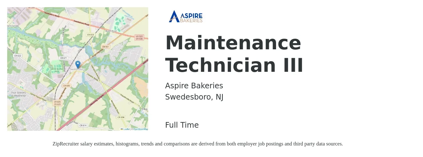 Aspire Bakeries job posting for a Maintenance Technician III in Swedesboro, NJ with a salary of $19 to $26 Hourly with a map of Swedesboro location.