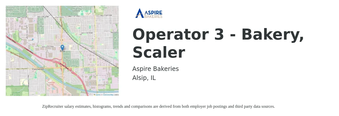Aspire Bakeries job posting for a Operator 3 - Bakery, Scaler in Alsip, IL with a salary of $16 to $27 Hourly with a map of Alsip location.