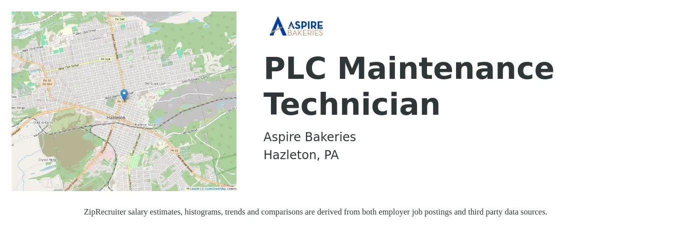 Aspire Bakeries job posting for a PLC Maintenance Technician in Hazleton, PA with a salary of $19 to $26 Hourly with a map of Hazleton location.