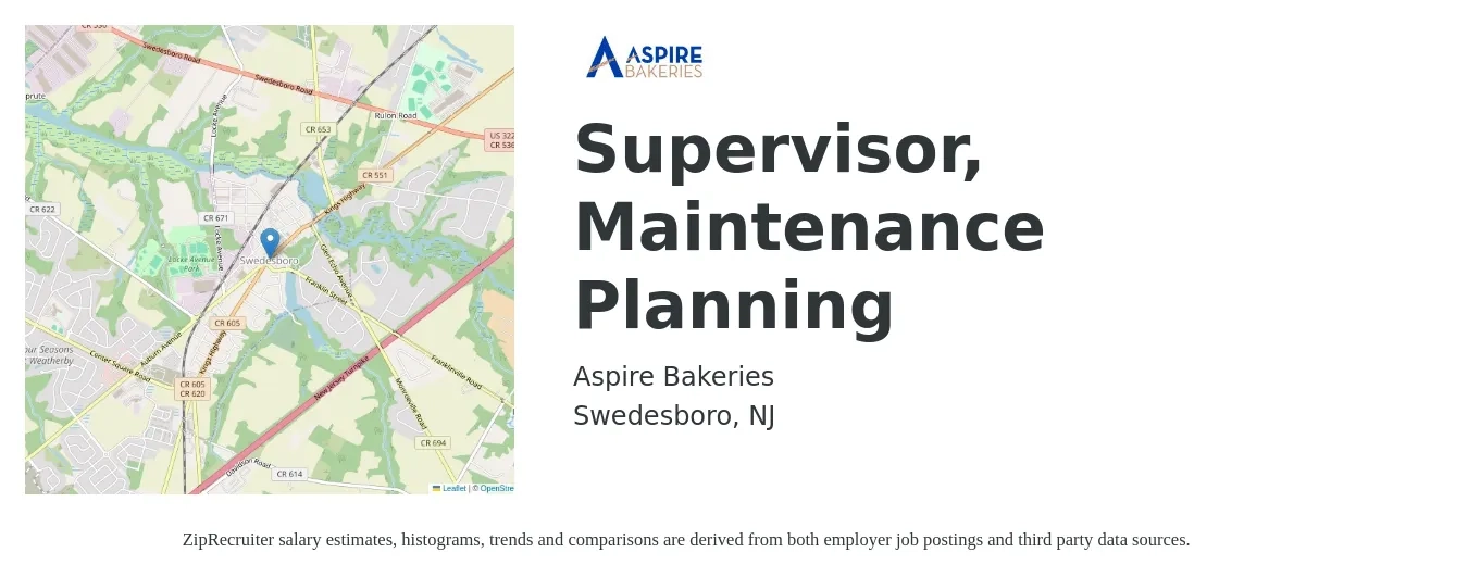 Aspire Bakeries job posting for a Supervisor, Maintenance Planning in Swedesboro, NJ with a salary of $24 to $39 Hourly with a map of Swedesboro location.