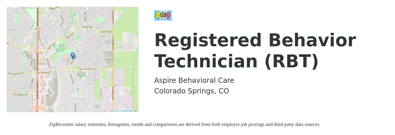 Aspire Behavioral Care job posting for a Registered Behavior Technician (RBT) in Colorado Springs, CO with a salary of $18 to $24 Hourly with a map of Colorado Springs location.