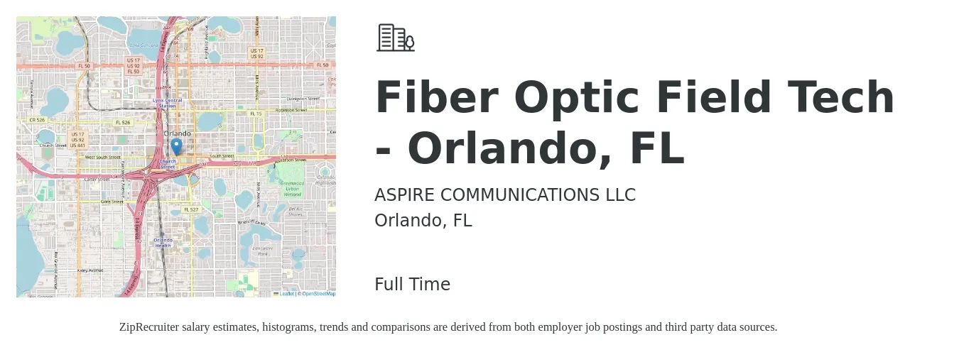 ASPIRE COMMUNICATIONS LLC job posting for a Fiber Optic Field Tech - Orlando, FL in Orlando, FL with a salary of $18 to $25 Hourly with a map of Orlando location.